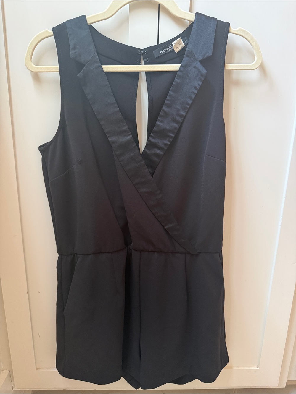 Alice & Trixie Black Satin-Trim V-Neck Romper